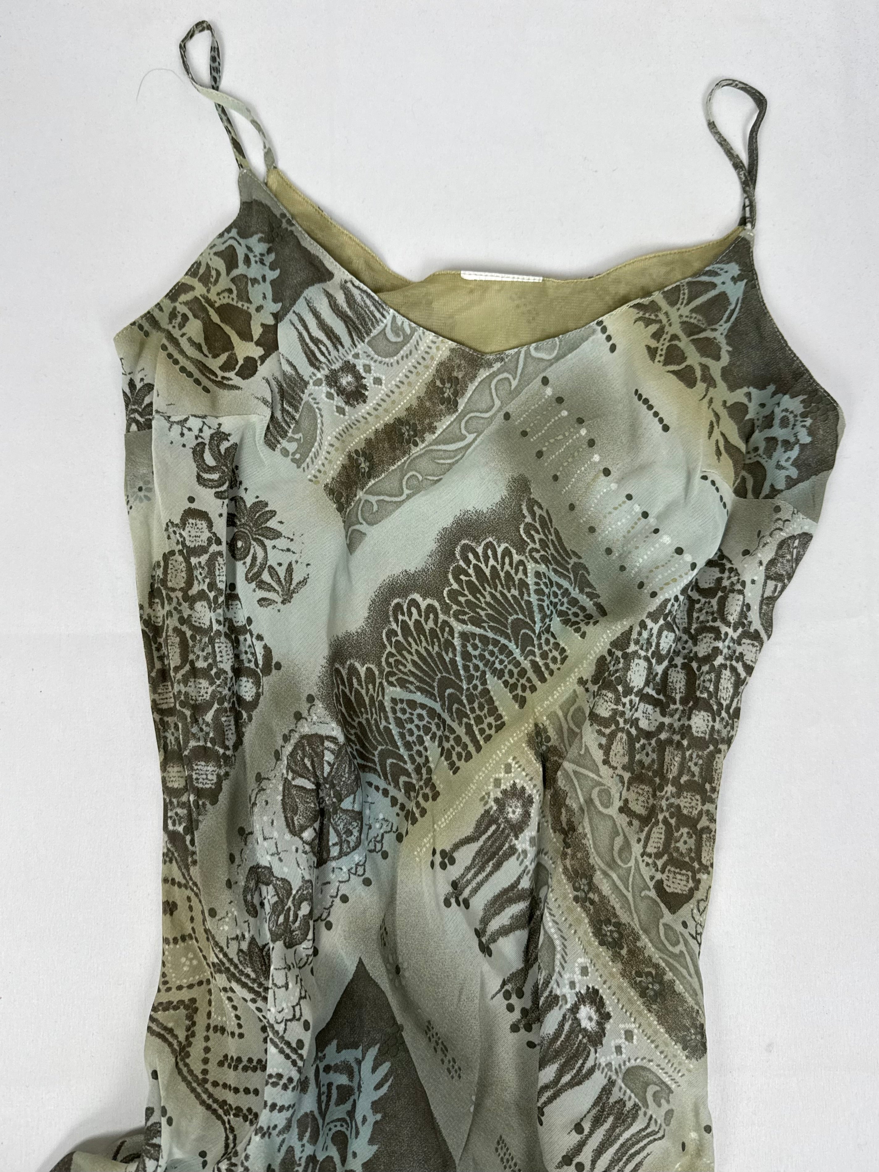 Khaki graphic mesh lined maxi dress (S/M)