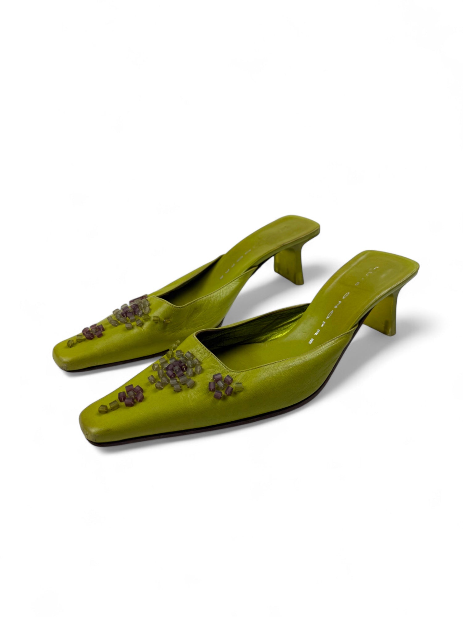Green pearls real leather pointed toes mules (39)