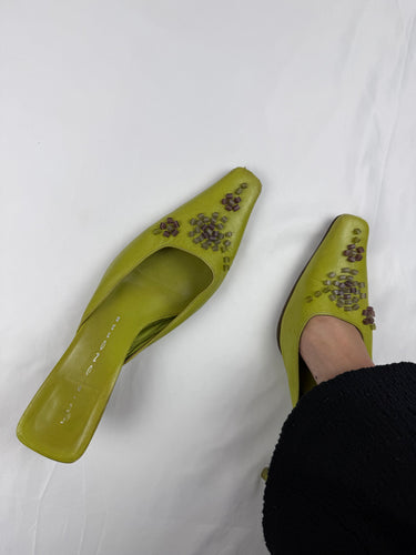 Green pearls real leather pointed toes mules (39)