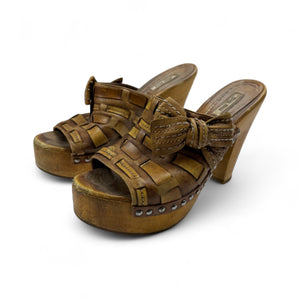 Beige real leather bow woods clogs heels mules (38)