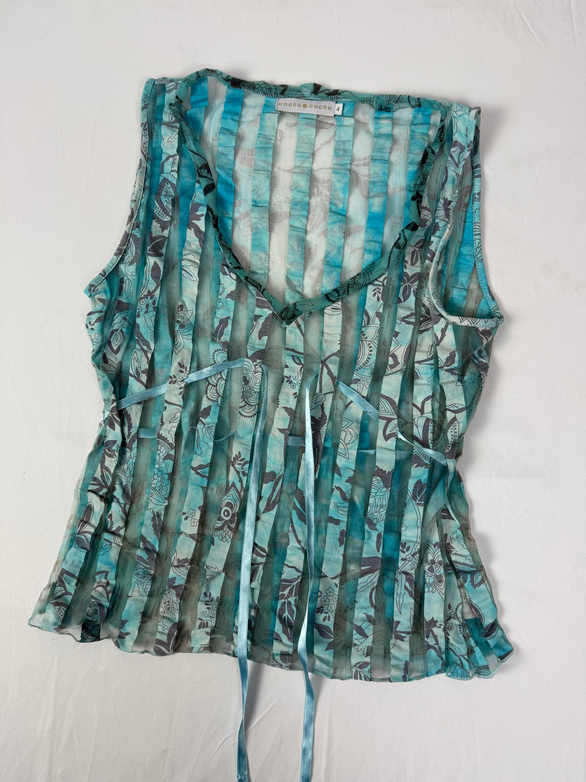 Blue striped floral tie up mesh top (XL)