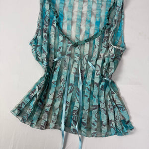 Blue striped floral tie up mesh top (XL)