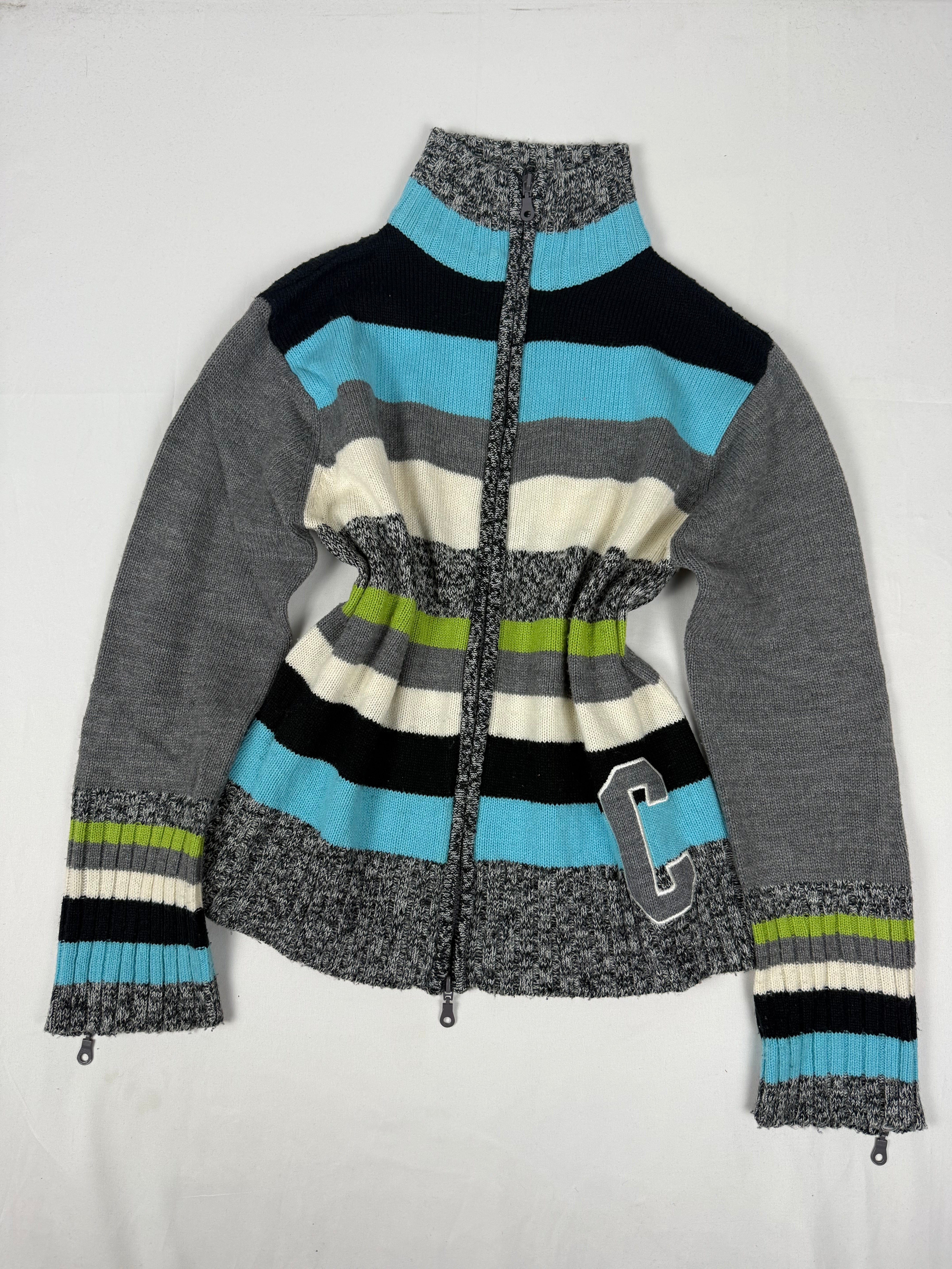 Grey striped zip up cardigan jumper (L)