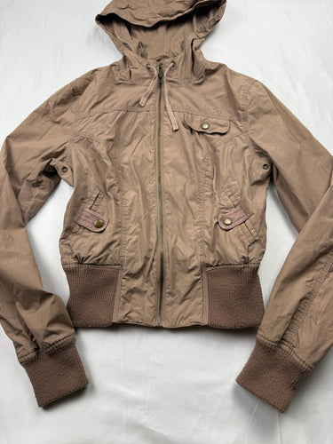 Beige zip up hooded biker jacket (S)