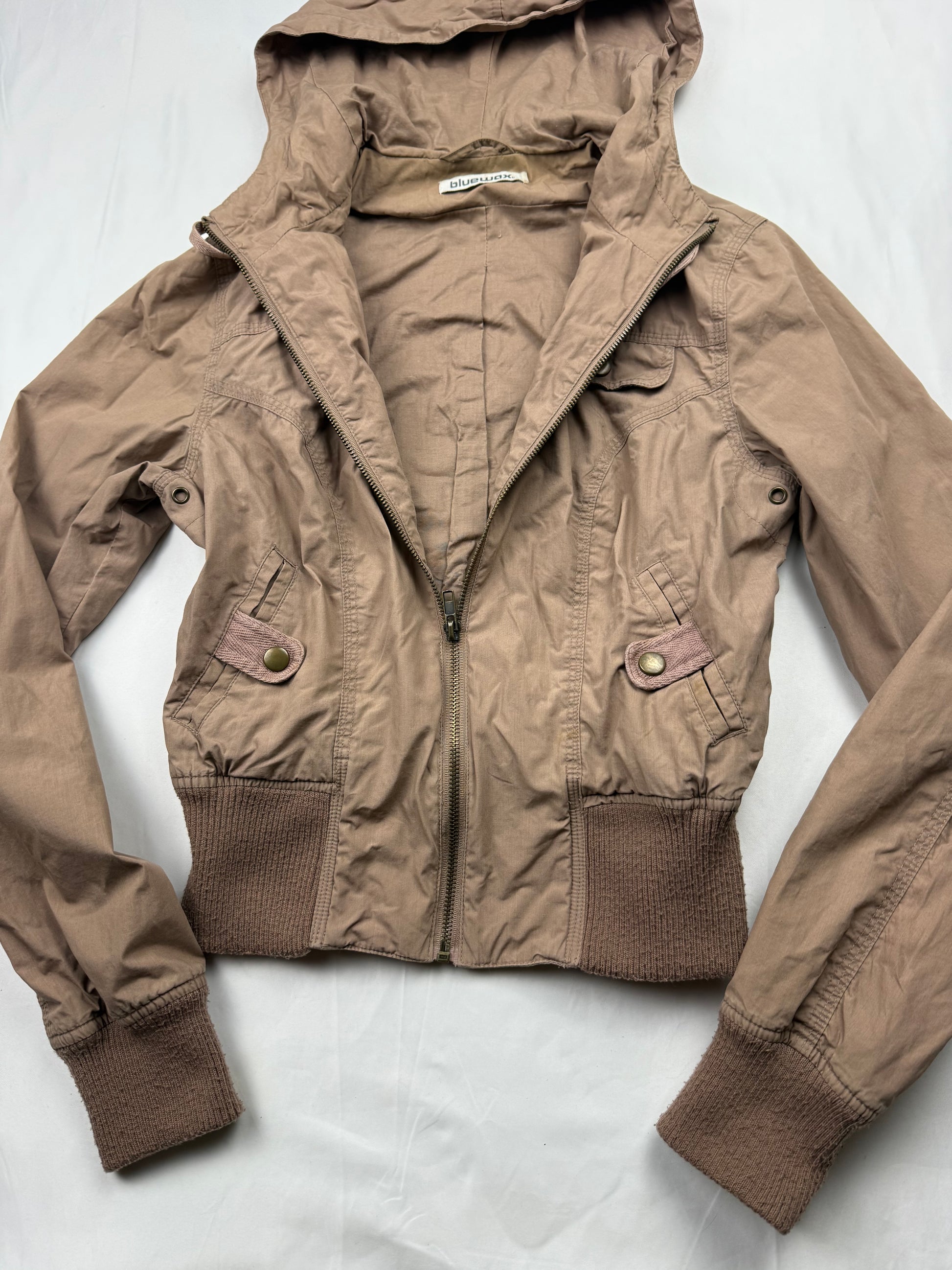 Beige zip up hooded biker jacket (S)