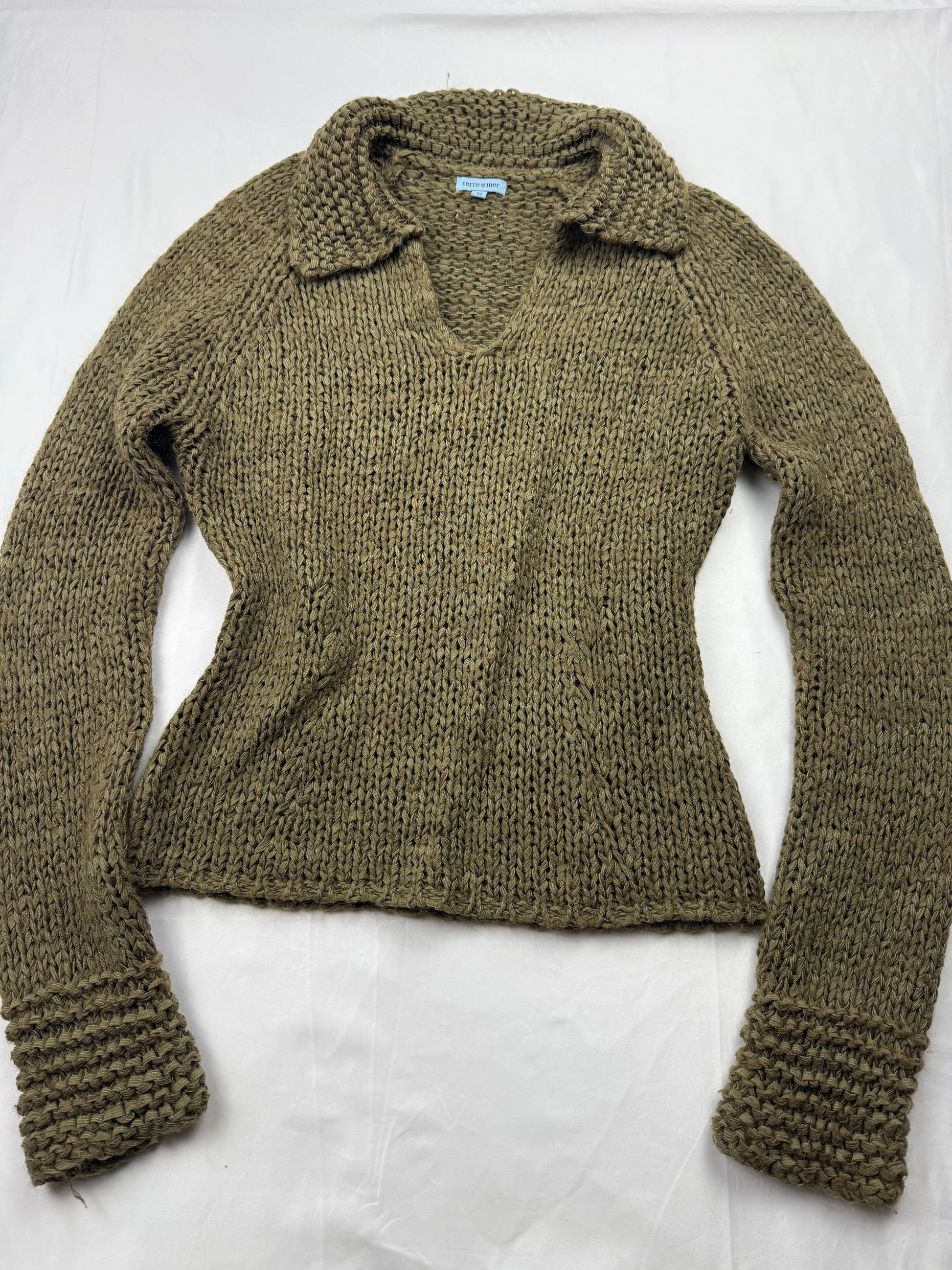 Khaki polo neck knitted crochet jumper (M/L)
