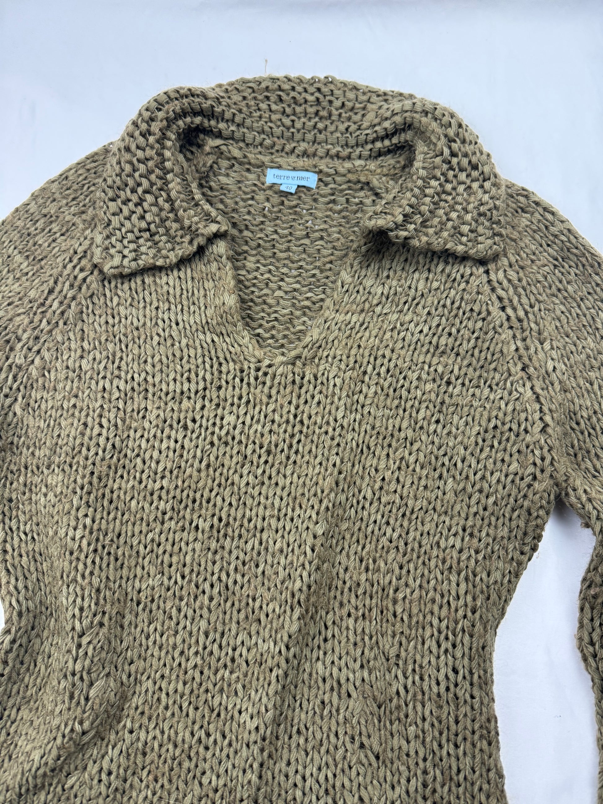 Khaki polo neck knitted crochet jumper (M/L)