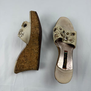 Cream floral wood wedge mules (36)