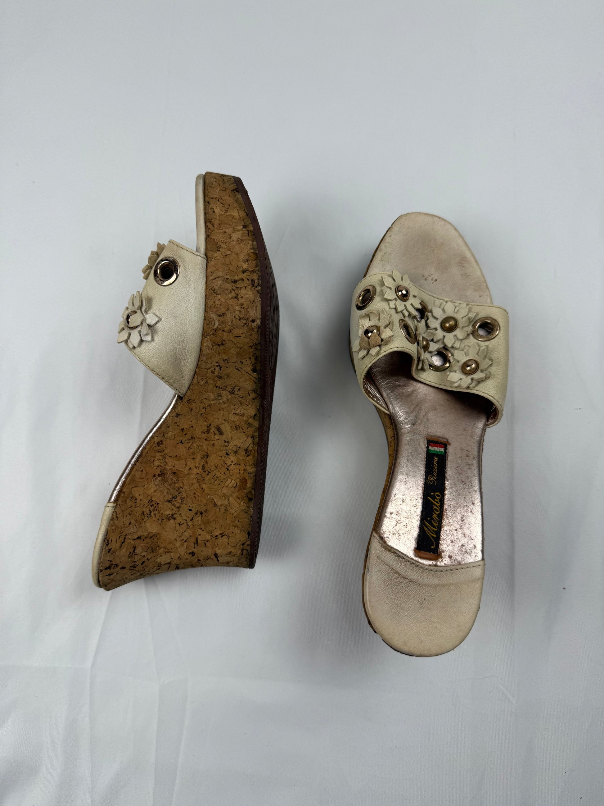 Cream floral wood wedge mules (36)