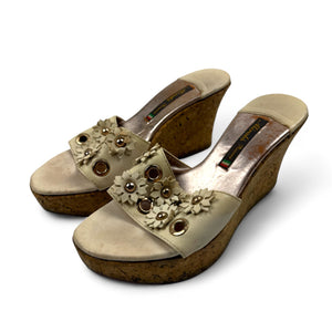 Cream floral wood wedge mules (36)