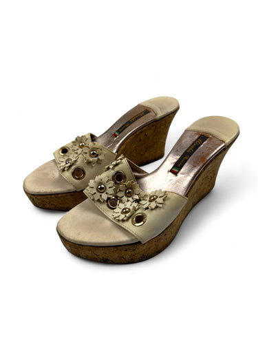 Cream floral wood wedge mules (36)