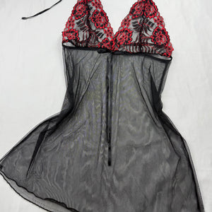 Black embroidered floral mesh babydoll mini dress (S/M)