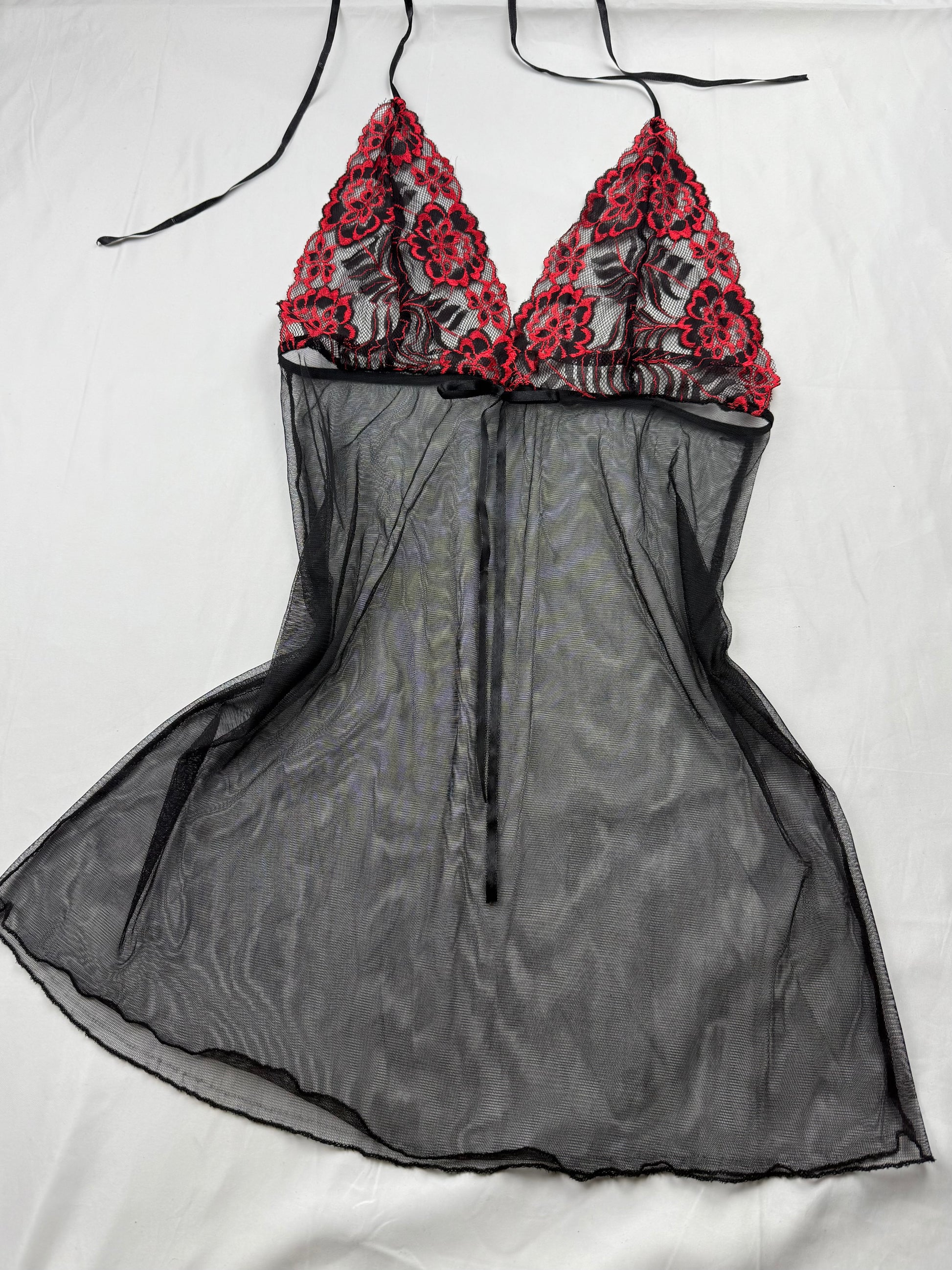 Black embroidered floral mesh babydoll mini dress (S/M)