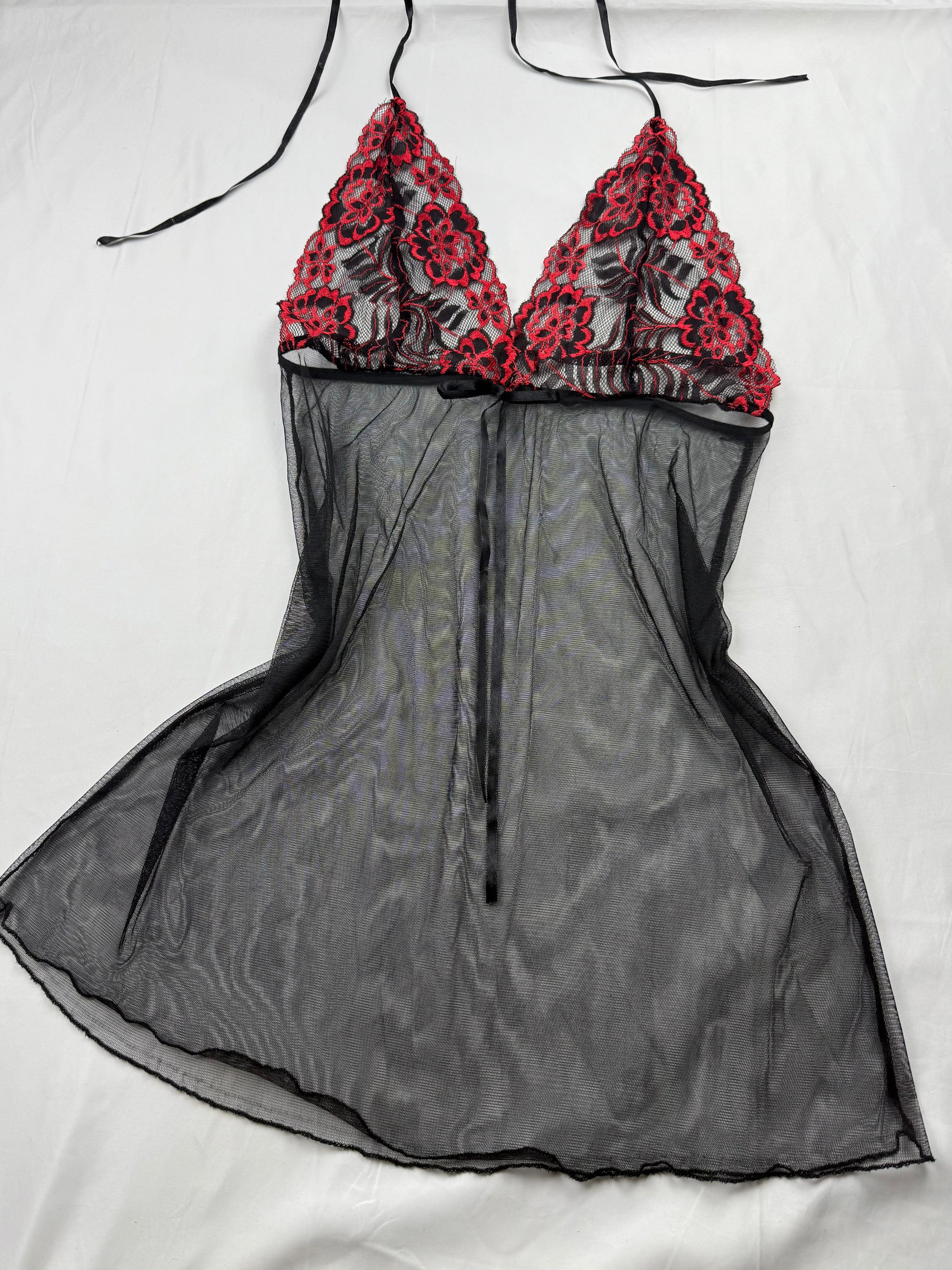 Black embroidered floral mesh babydoll mini dress (S/M)