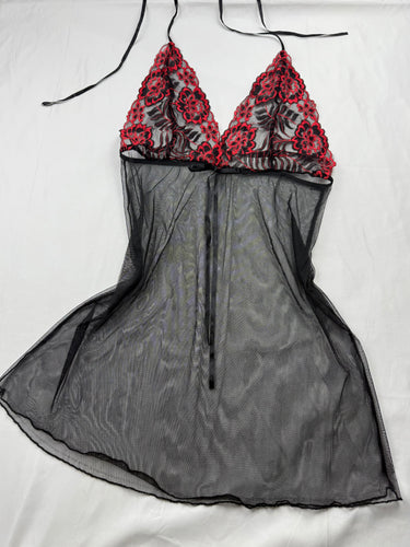 Black embroidered floral mesh babydoll mini dress (S/M)