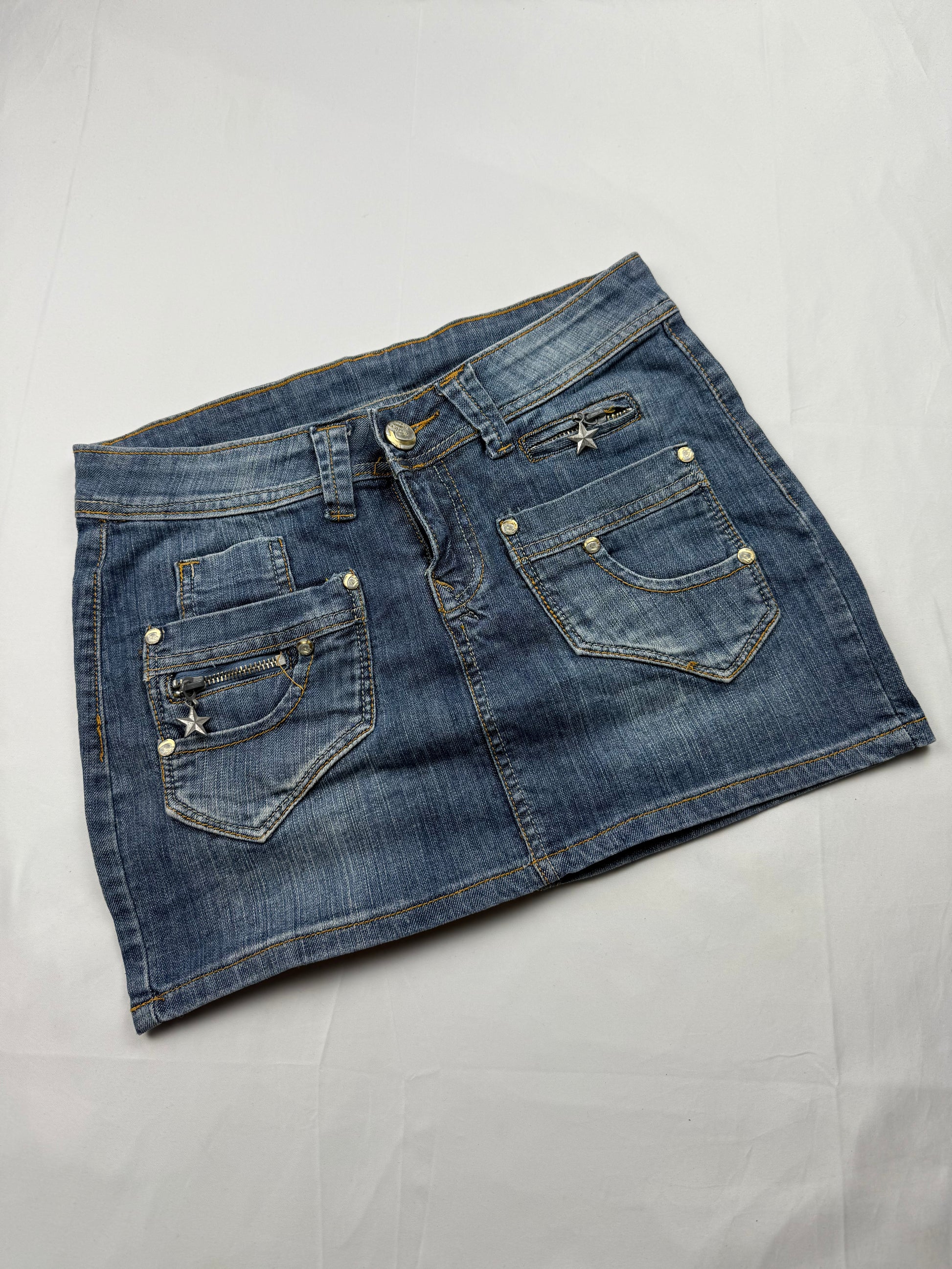 Blue denim low rise mini skirt (S)