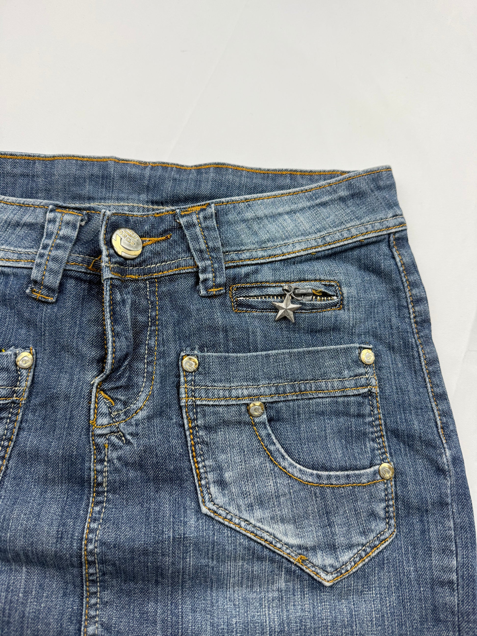 Blue denim low rise mini skirt (S)
