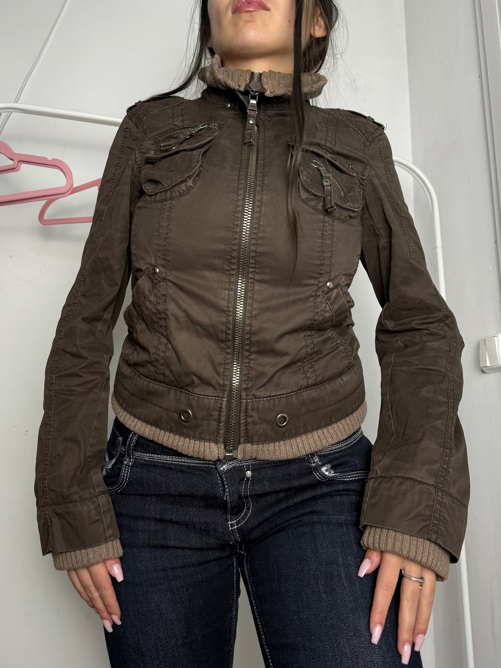 Khaki zip up biker jacket (S/M)