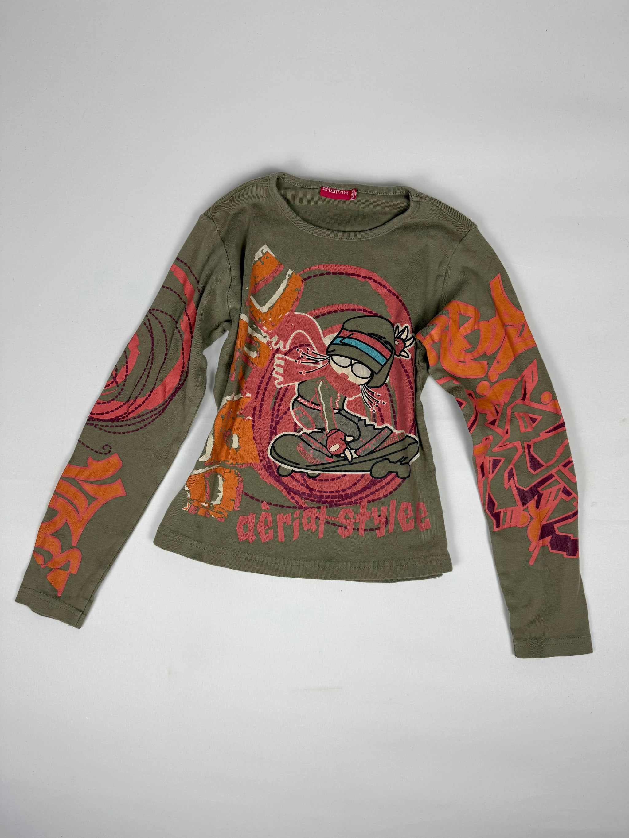 Khaki graphic cotton long sleeves top (S)