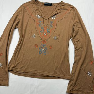 Brown embroidered flared long sleeves top (S/M)