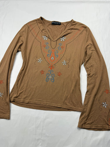 Brown embroidered flared long sleeves top (S/M)