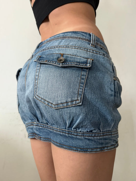 Blue denim low rise mini skirt (L)