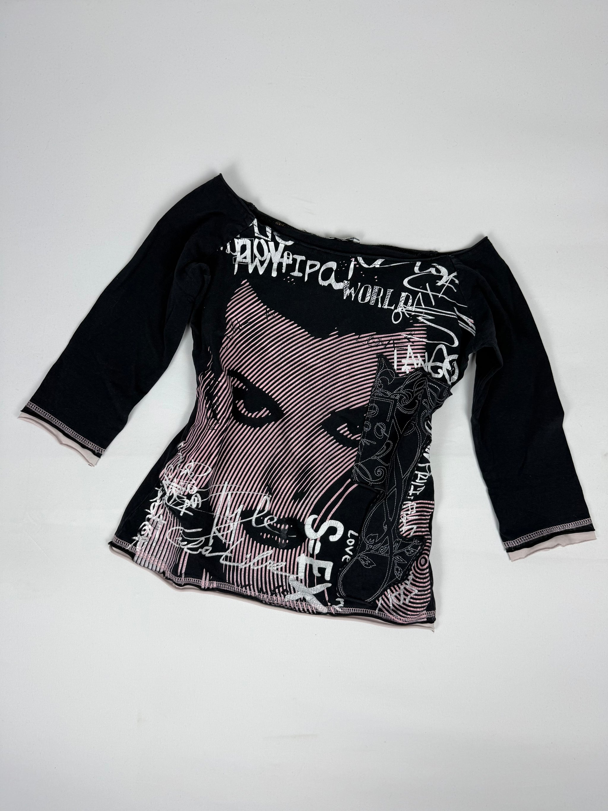 Black graphic cotton 3/4 sleeves top (M)