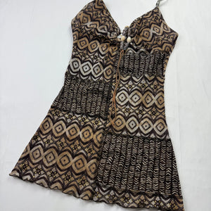 Brown graphic mesh lined pearls cami top (S/M)