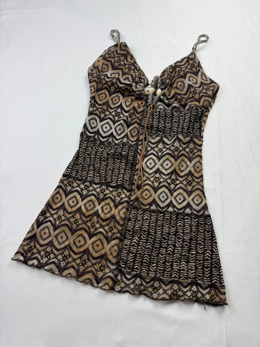 Brown graphic mesh lined pearls cami top (S/M)