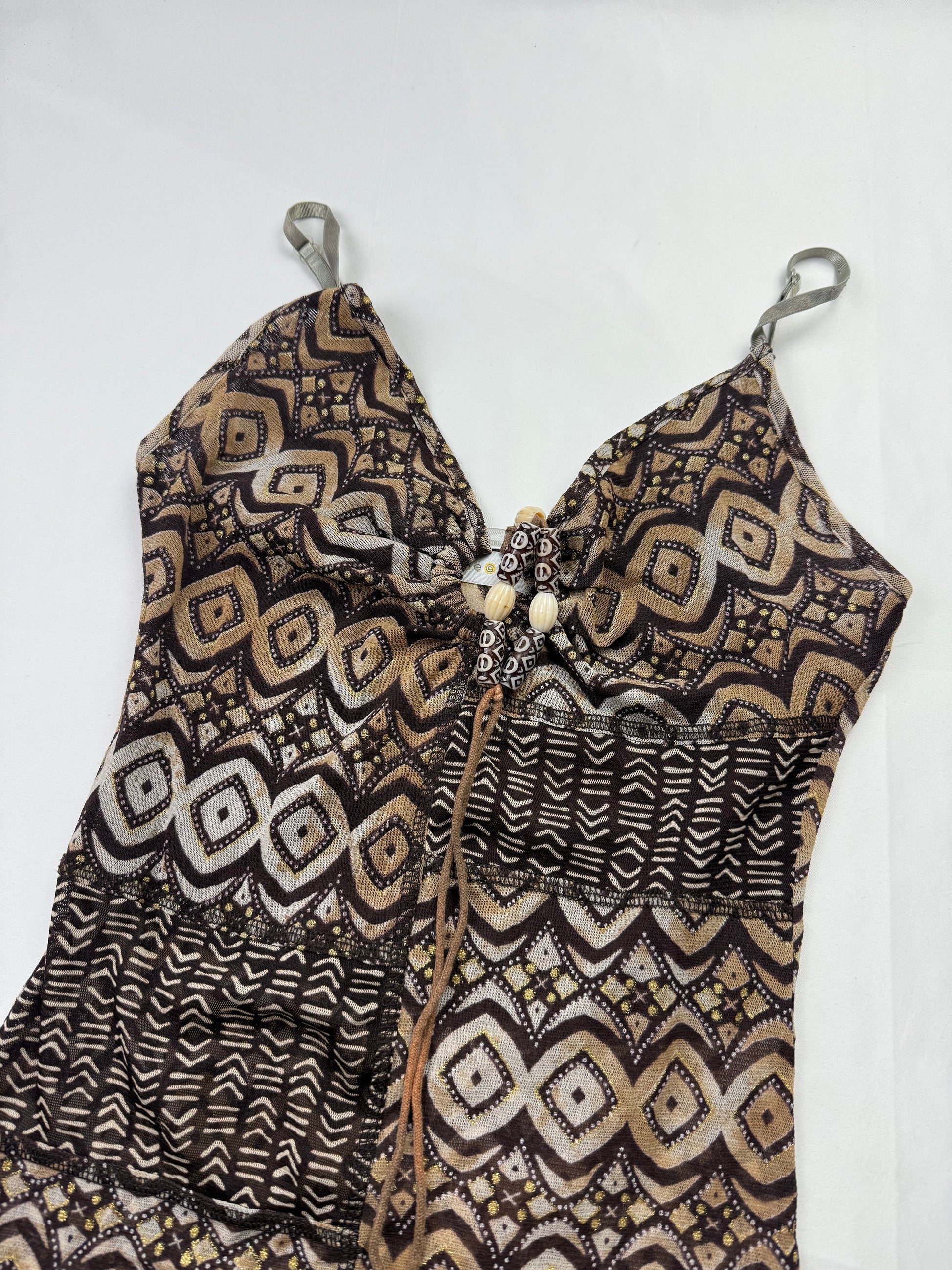Brown graphic mesh lined pearls cami top (S/M)