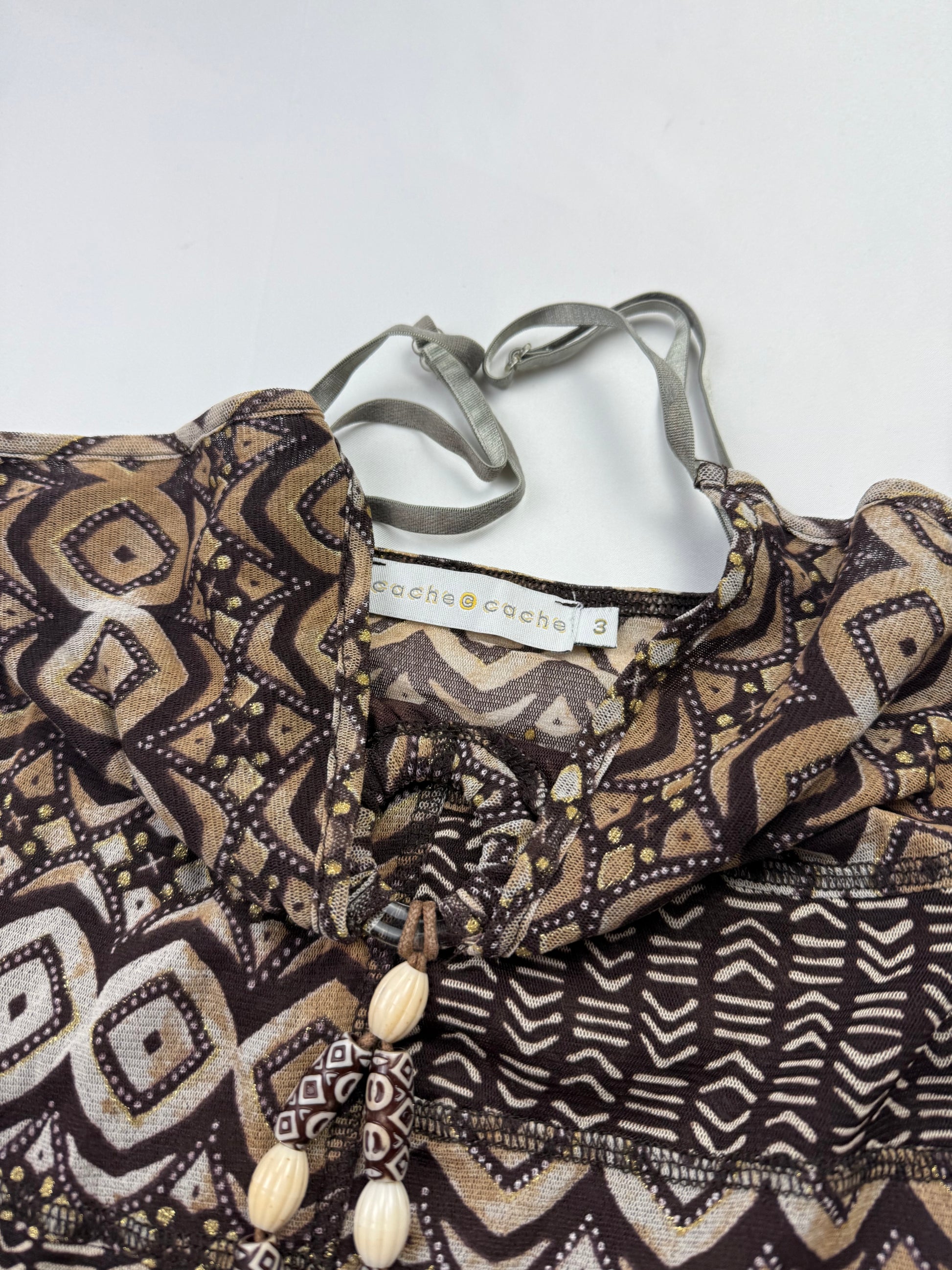 Brown graphic mesh lined pearls cami top (S/M)