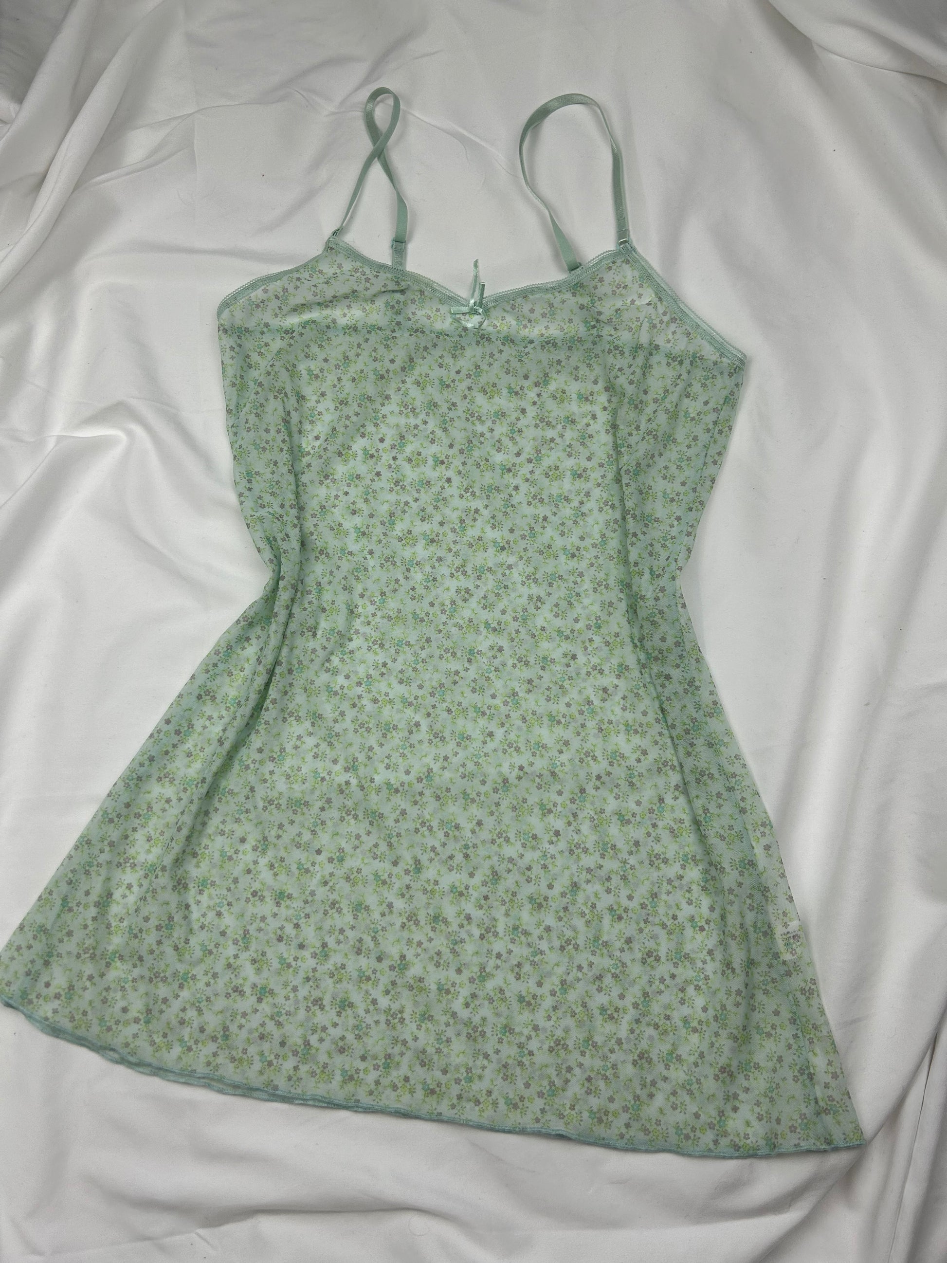 Green mesh floral print babydoll mini dress (M/L)