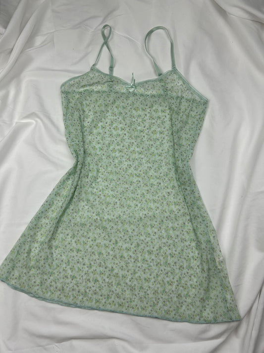 Green mesh floral print babydoll mini dress (M/L)