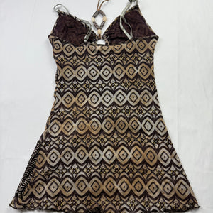 Brown graphic mesh lined pearls cami top (S/M)