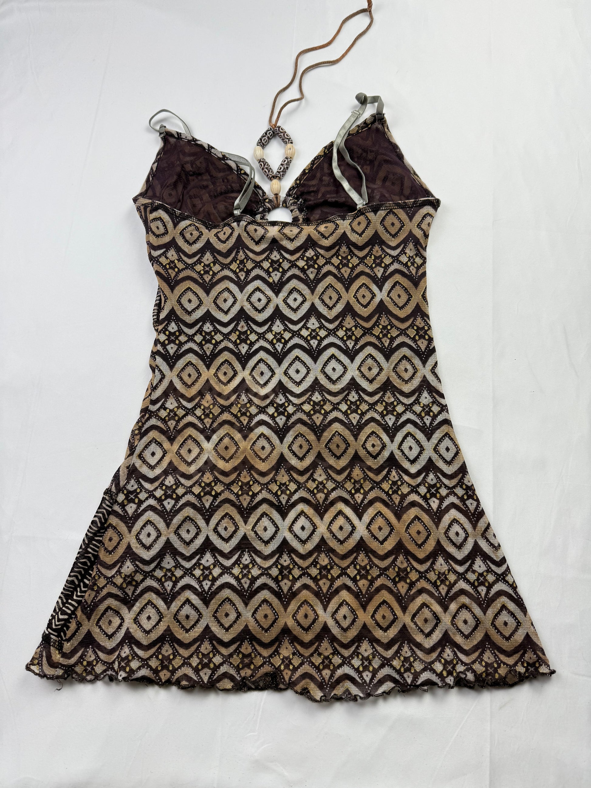 Brown graphic mesh lined pearls cami top (S/M)