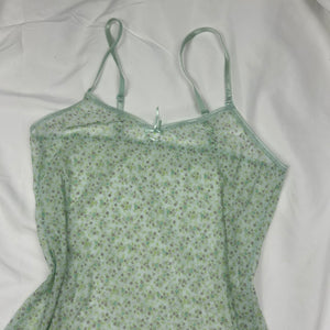 Green mesh floral print babydoll mini dress (S/M)