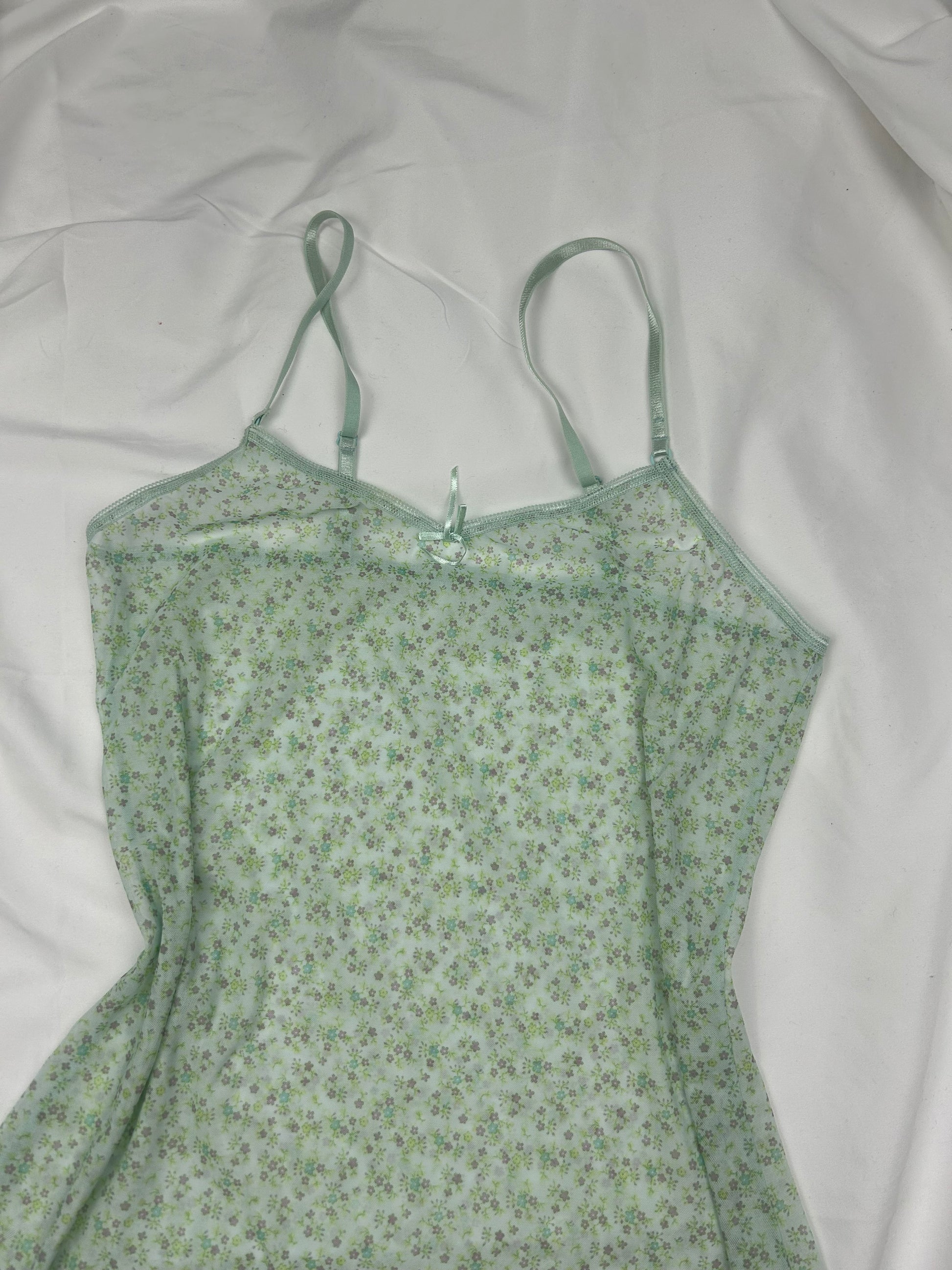 Green mesh floral print babydoll mini dress (M/L)
