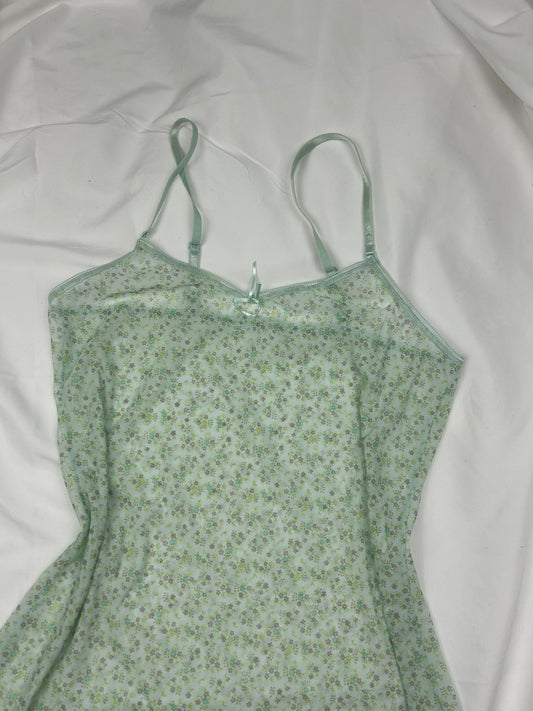 Green mesh floral print babydoll mini dress (M/L)