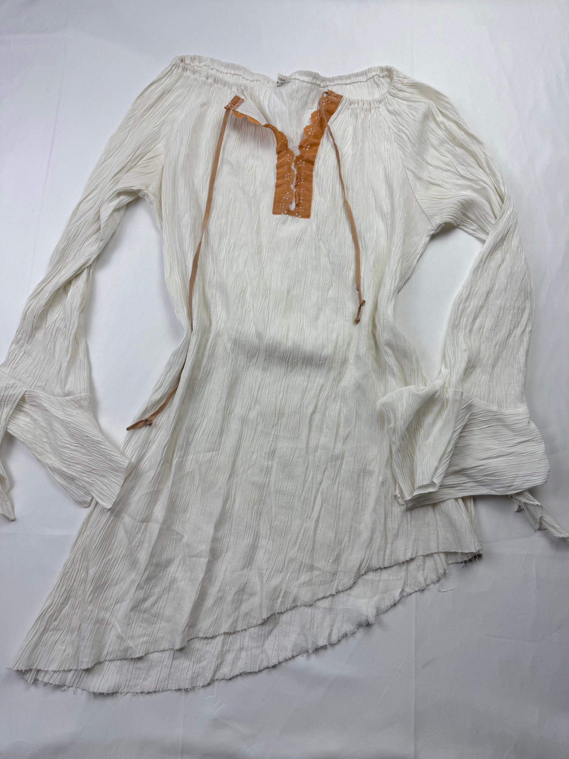 White ribbed real silk flared long sleeves top (S/M)