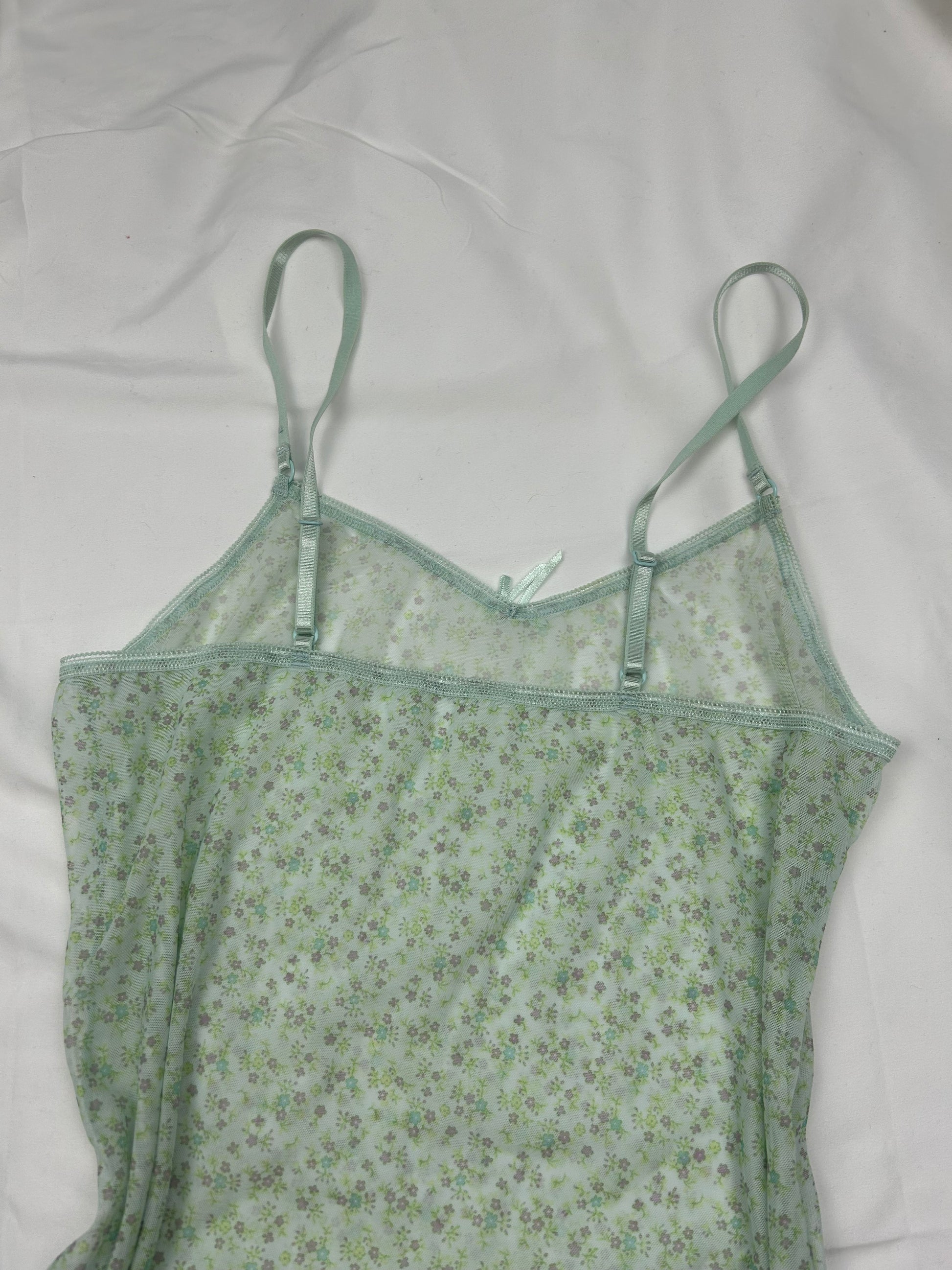 Green mesh floral print babydoll mini dress (M/L)