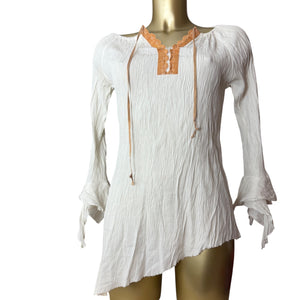 White ribbed real silk flared long sleeves top (S/M)