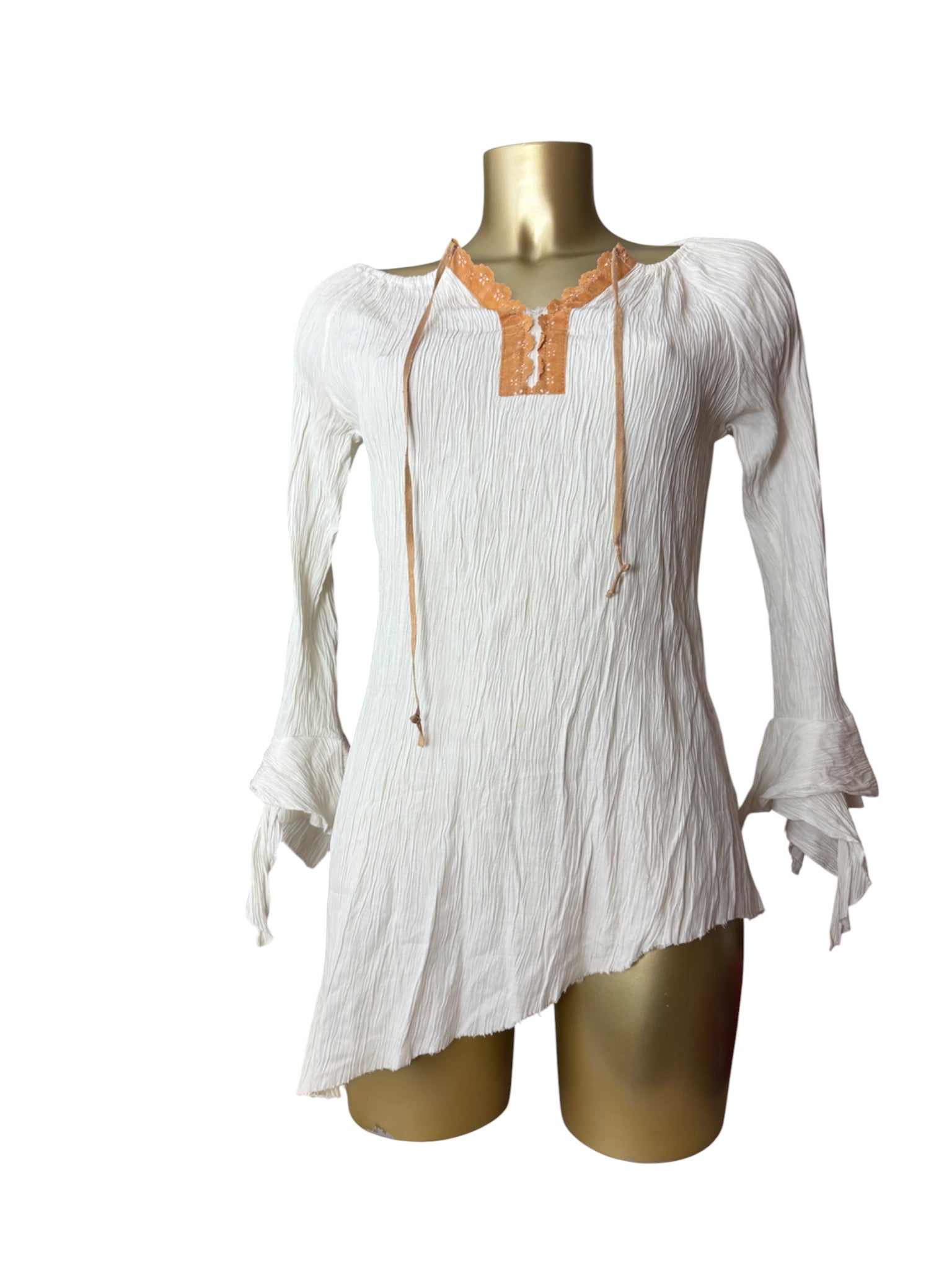 White ribbed real silk flared long sleeves top (S/M)