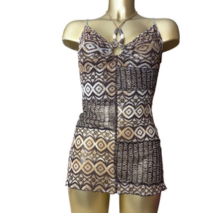 Brown graphic mesh lined pearls cami top (S/M)