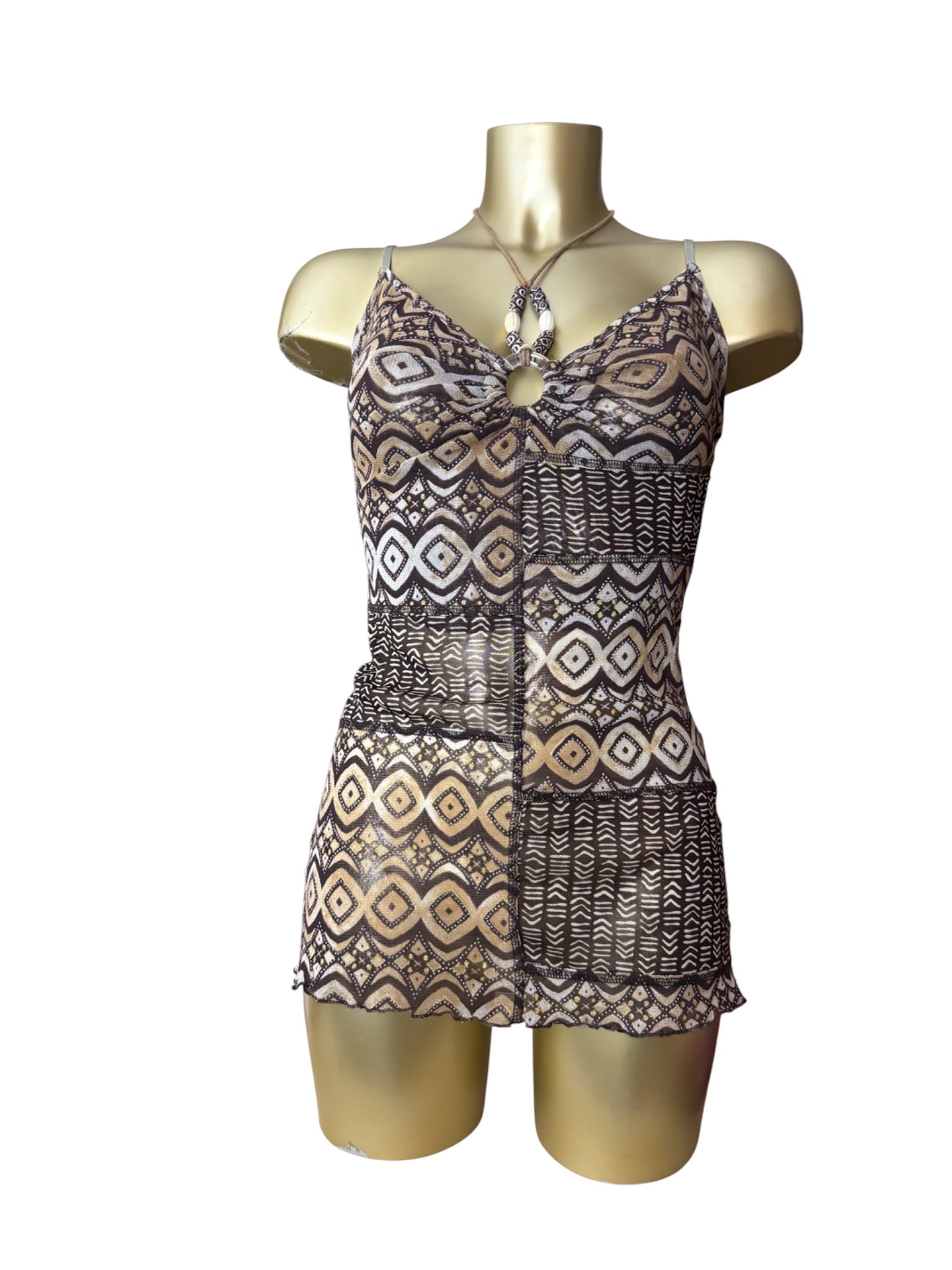 Brown graphic mesh lined pearls cami top (S/M)
