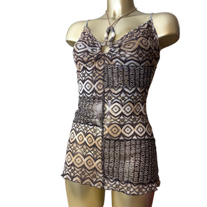 Brown graphic mesh lined pearls cami top (S/M)