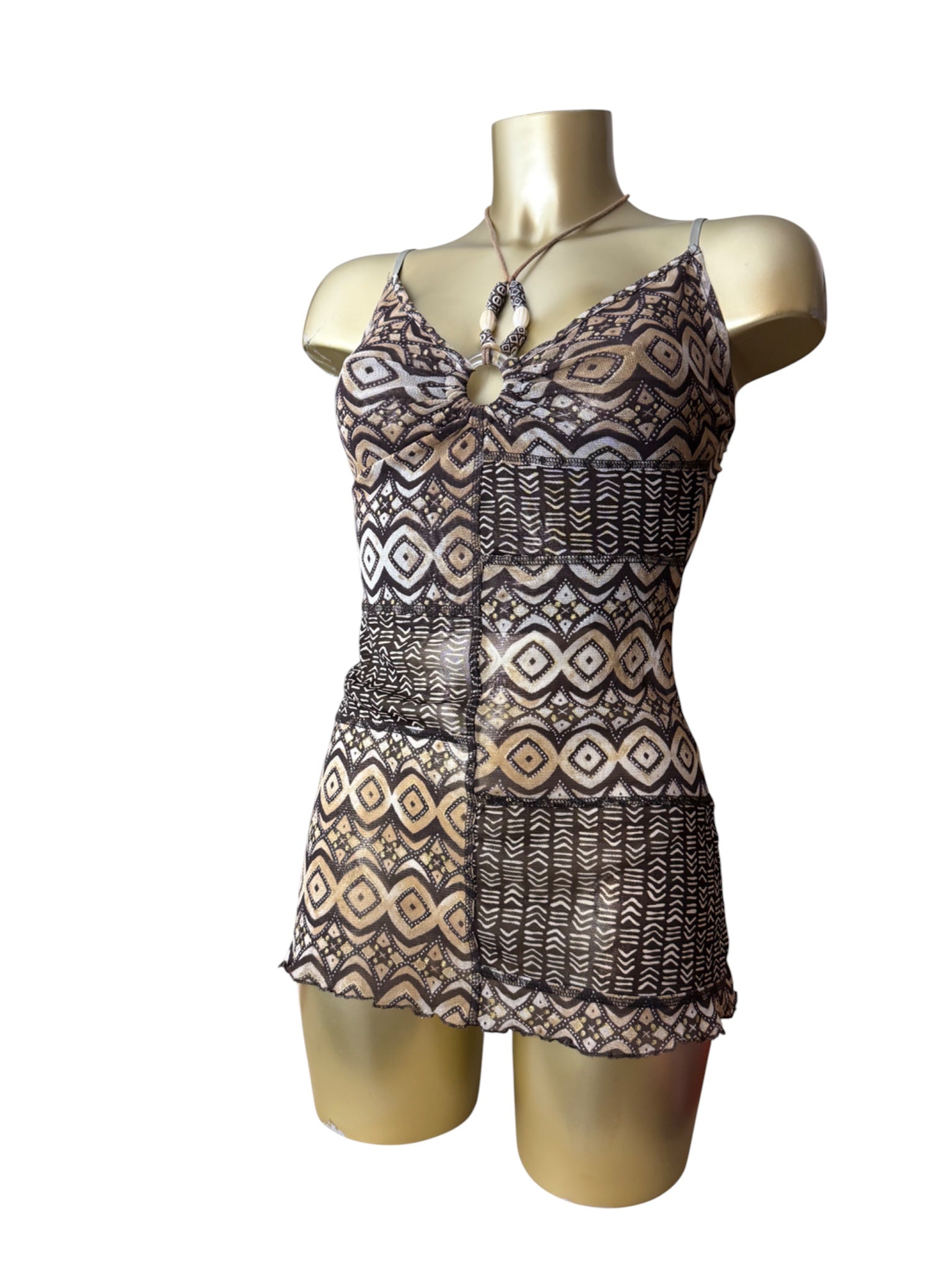 Brown graphic mesh lined pearls cami top (S/M)
