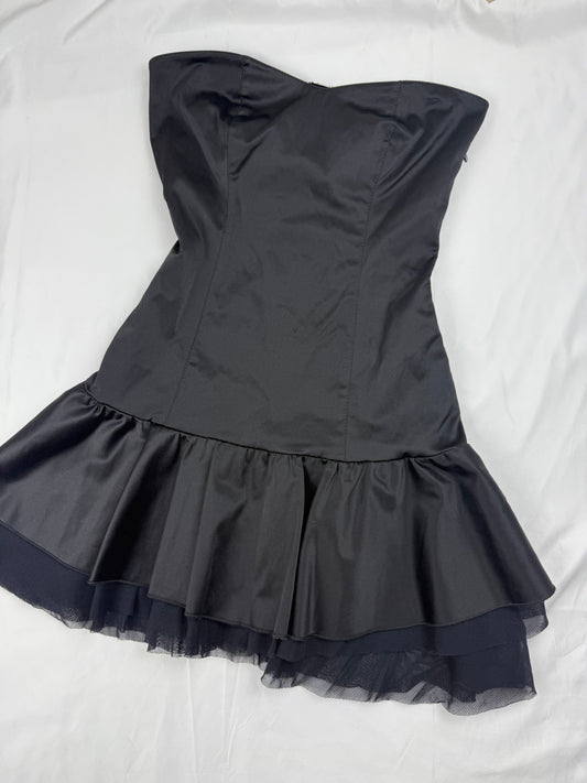 Black silky pleated mini bustier dress (S)