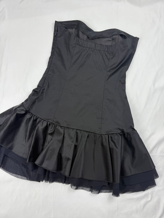 Black silky pleated mini bustier dress (S)