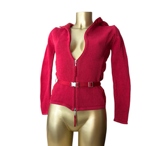 Red knitted tight fit hooded jumper with belt (S)