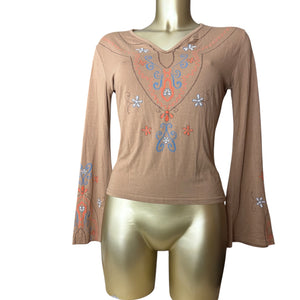 Brown embroidered flared long sleeves top (S/M)
